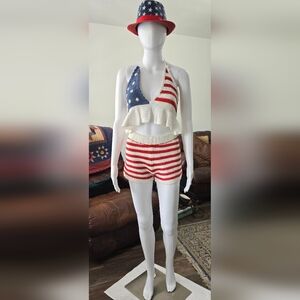 Crochet Women’s Halter Top/Shorts in Red/White/Blue  Sz S Hat Not Included